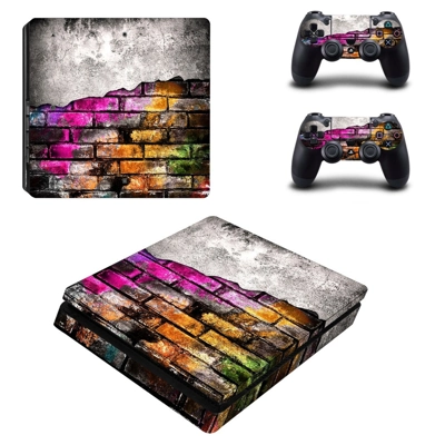 Colored brick wall decal skin for PS4 Slim Console and two..