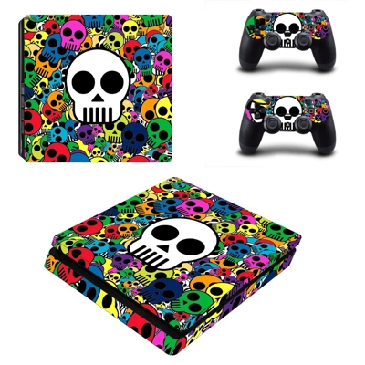 Colorful skull decal skin for PS4 Slim Console and two con.. Colorful skull decal skin for PS4 Slim Console and two con..