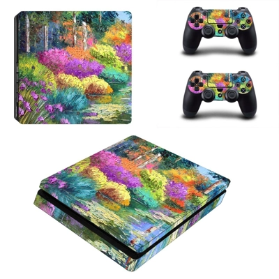 Oil Painting of nature decal skin for PS4 Slim Console and two controllers