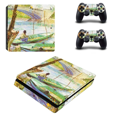Fishing in spring decal skin for PS4 Slim Console and two controllers