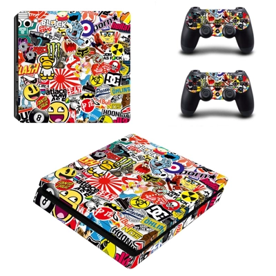 Sticker bomb decal skin for PS4 Slim Console and two controllers