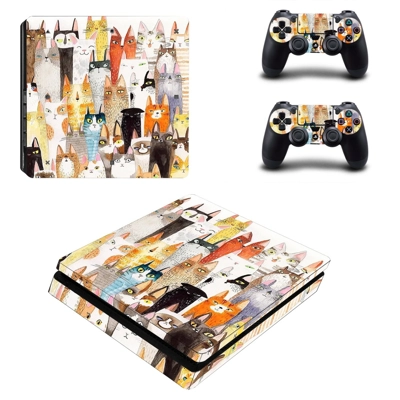 Cat face decal skin for PS4 Slim Console and two controllers
