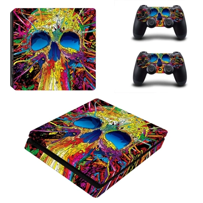 Colorful Skull decal skin for PS4 Slim Console and two con.. Colorful Skull decal skin for PS4 Slim Console and two con..