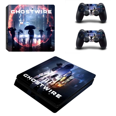 GhostWire decal skin for PS4 Slim Console and two controll..