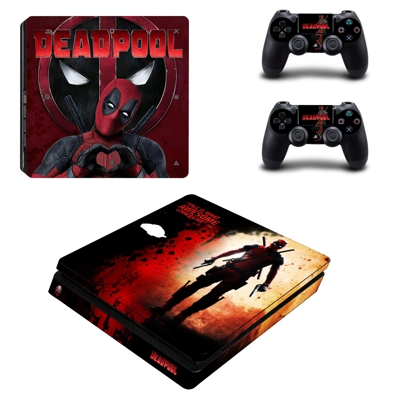 Deadpool decal skin for PS4 Slim Console and two controllers