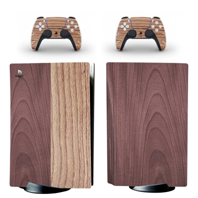 Wood grain decal skin for PS5 Disc Edition Console and two Controllers