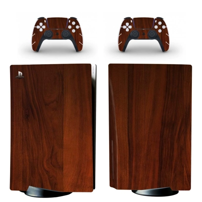 Wood grain decal skin for PS5 Disc Edition Console and two Controllers