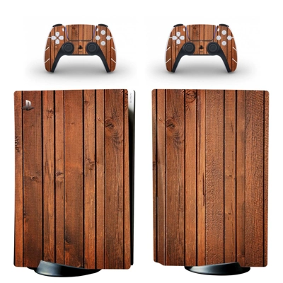 Wood grain decal skin for PS5 Disc Edition Console and two Controllers