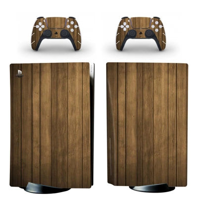 Wood grain decal skin for PS5 Disc Edition Console and two Controllers