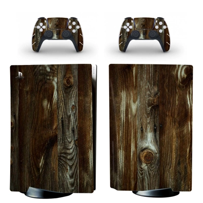 Wood grain decal skin for PS5 Disc Edition Console and two Controllers
