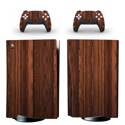 Wood grain decal skin for PS5 Disc Edition Console and two Controllers