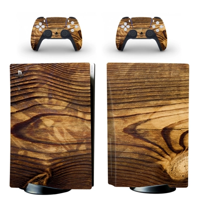 Wood grain decal skin for PS5 Disc Edition Console and two Controllers
