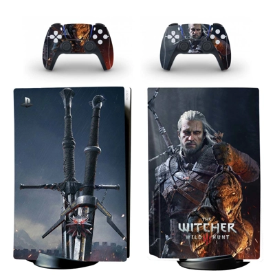 The Witcher Wild Hunt decal skin for PS5 Disc Edition Console and two Controllers