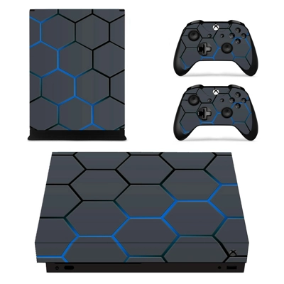 Hexagon Pattern blue Neon decal skin for Xbox one X Console and 2 Controllers