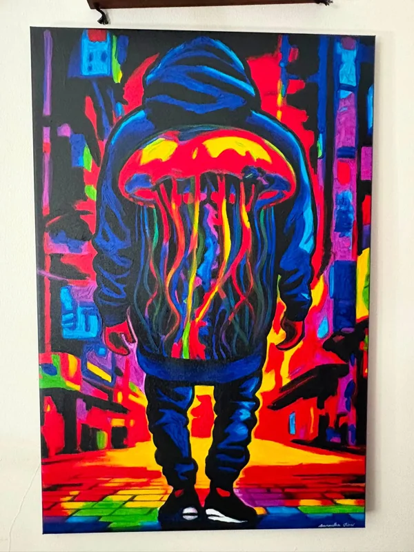 Jellyfish Hoodie Under Chinatown Lights Acrylic Paint & Permanent Markers on Canvas