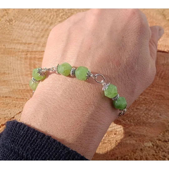 Prehnite crystal bracelet, green Prehnite faceted crystal beads and tibetan zinc alloy beads, adjust