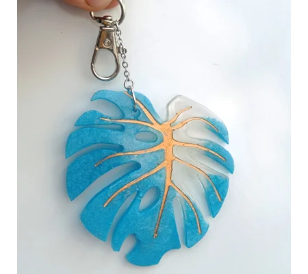 Blue & pearl monstera leaf keychain, epoxy + gold paint