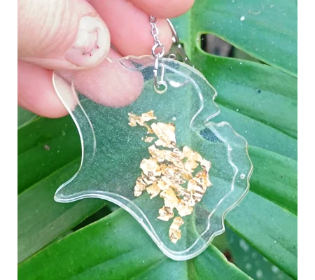 Golden Ginkgo keychain, real gold in sparkly transparent epoxy