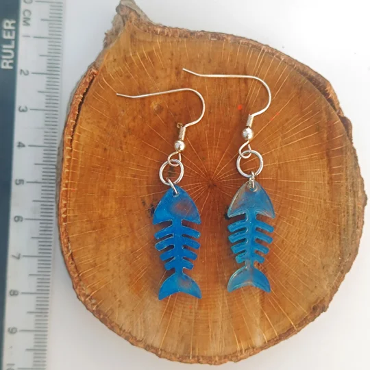 Fishbone, earrings blue & transparent