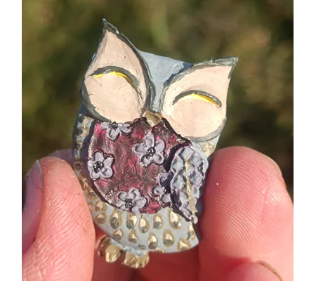 Flower owl magnet, grey & purple