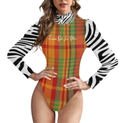 Traditional Madras & Zebra Pattern On Pattern Turtleneck Bodysuit With Puff Sleeve