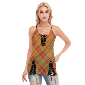 Traditional Madras Patterned Women's V-neck Eyelet Lace-up..
