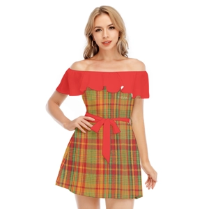 Traditional Madras Patterned Off-shoulder Dress With Ruffl..
