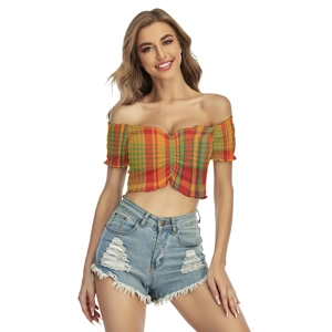 Traditional Madras Patterned Off-Shoulder Blouse 1