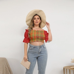 Traditional Madras Pattern & Red Off-shoulder Cropped Top ..