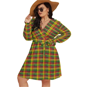 Madras Patterned V-Neck Dress with Waistband 1 (Plus Size)