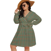 Madras Patterned V-Neck Dress with Waistband 9 (Plus Size)