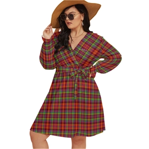 Madras Patterned V-Neck Dress With Waistband 13 (Plus Size)