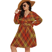 Madras Patterned V-Neck Dress With Waistband 14 (Plus Size)