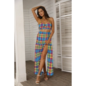 Madras Patterned Royal Blue Tie Back Wrap Dress 2