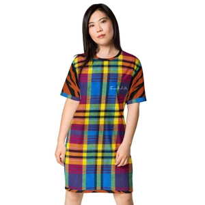 Royal Blue Madras & Tiger Stripes Pattern On Pattern T-Shi..