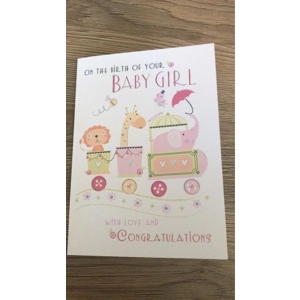 Handcrafted New Baby Girl Card Animal train