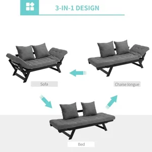 Charcoal/Black 3 in 1 Convertible Sofa Chaise Lounger Bed with 2 Large Pillows
