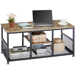 Modern Industrial Metal Grey Wood Coffee Table with Bottom..