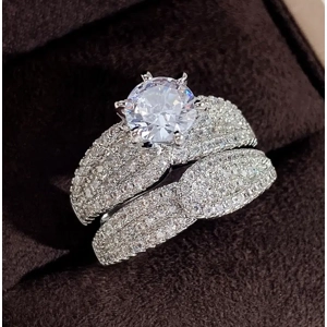 2Pc Set Silver Plated Bridal Wedding Ring