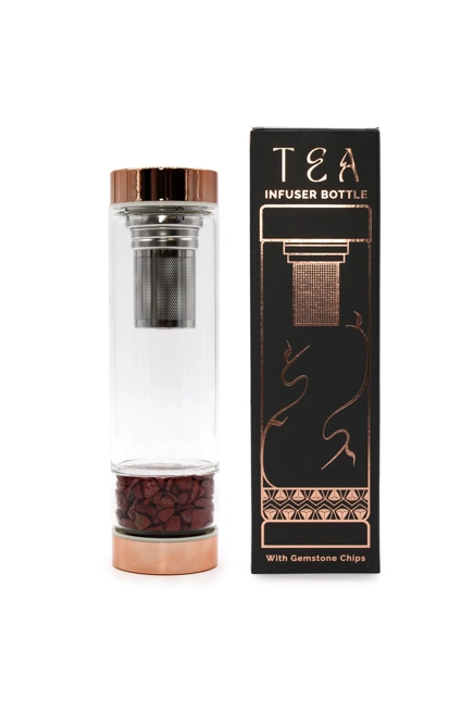 Crystal Glass Tea Infuser Bottle - Rose Gold - Red Jasper