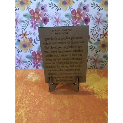 Sentimental son plaque comes with stand and a mini envelope only £2
