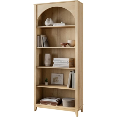 Prepac Ark 78" Tall 5-Tier Arched Bookcase in Natural Oak, Modern Storage Accent Bookshelf