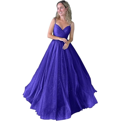 Women's Sparkly Tulle Prom Dresses Spaghetti Straps A-Line Long Ball Gown Sexy V Neck Formal Party D