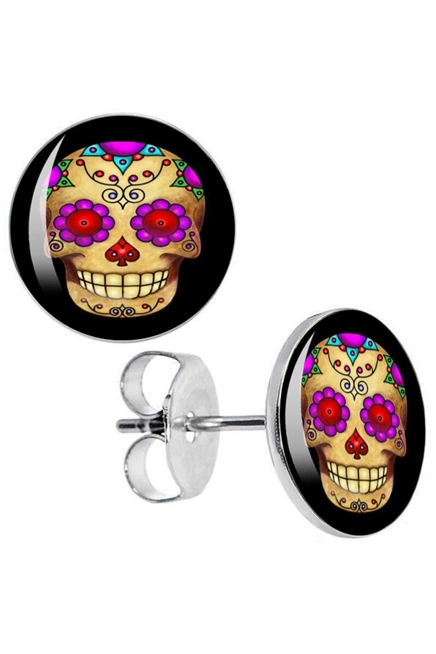 Day of the dead sugar skull stud earrings Girl Pair Unisex Goth Alternative Pu..