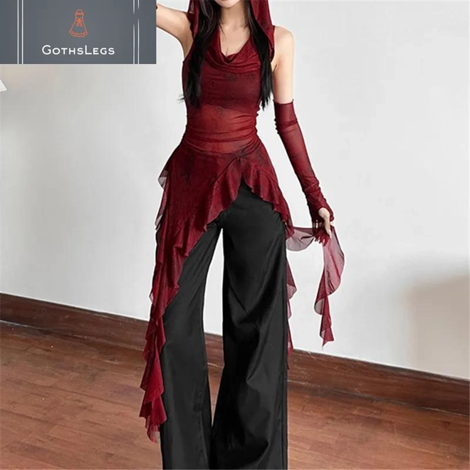 Additional Image for Gothic Mesh Hooded Streetwear Top