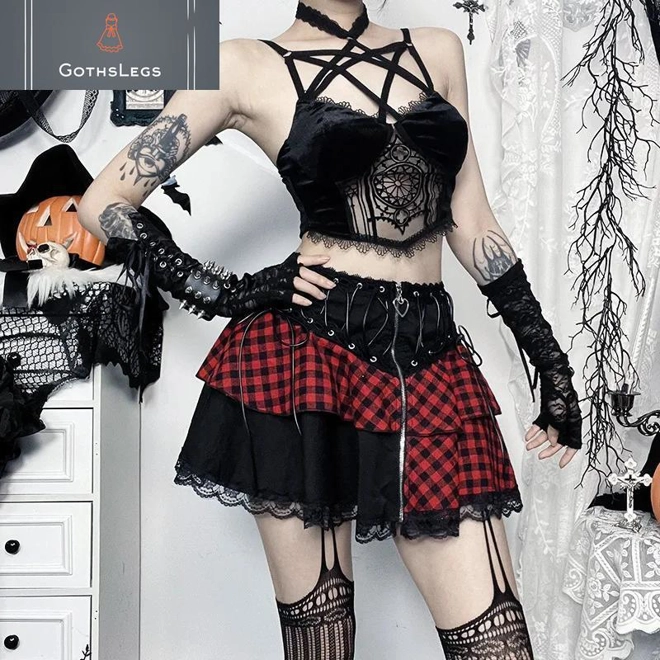 Additional Image for Gothic Plaid Lace A-line Mini Skirt