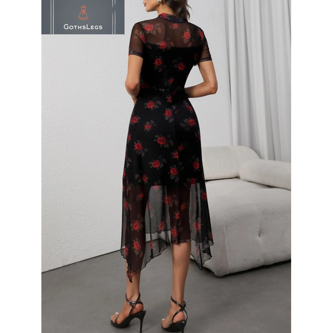 Additional Image for Gothic Floral Print Short Sleeve Dress