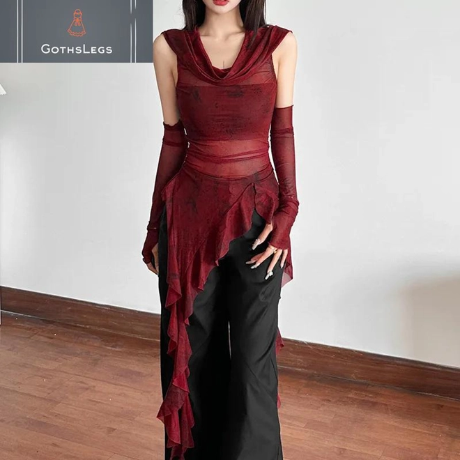 Additional Image for Gothic Mesh Hooded Streetwear Top