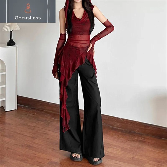 Additional Image for Gothic Mesh Hooded Streetwear Top