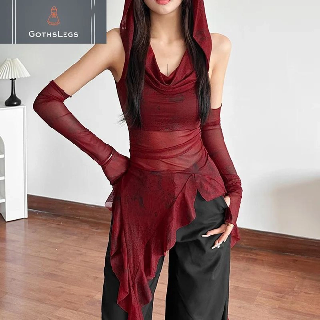 Additional Image for Gothic Mesh Hooded Streetwear Top